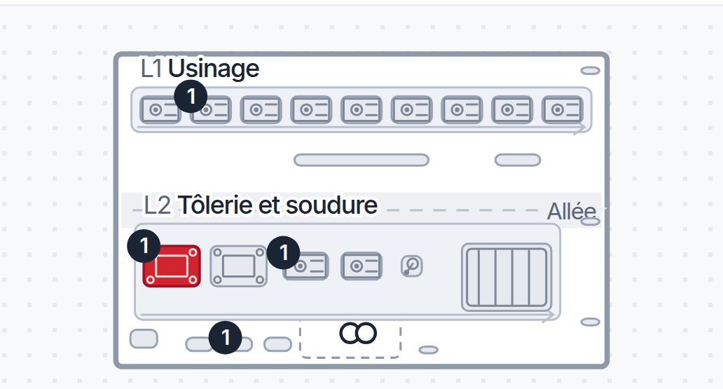 Plan de l'Atelier Martin sur un téléphone : la presse plieuse, en panne, est la seule machine en rouge.