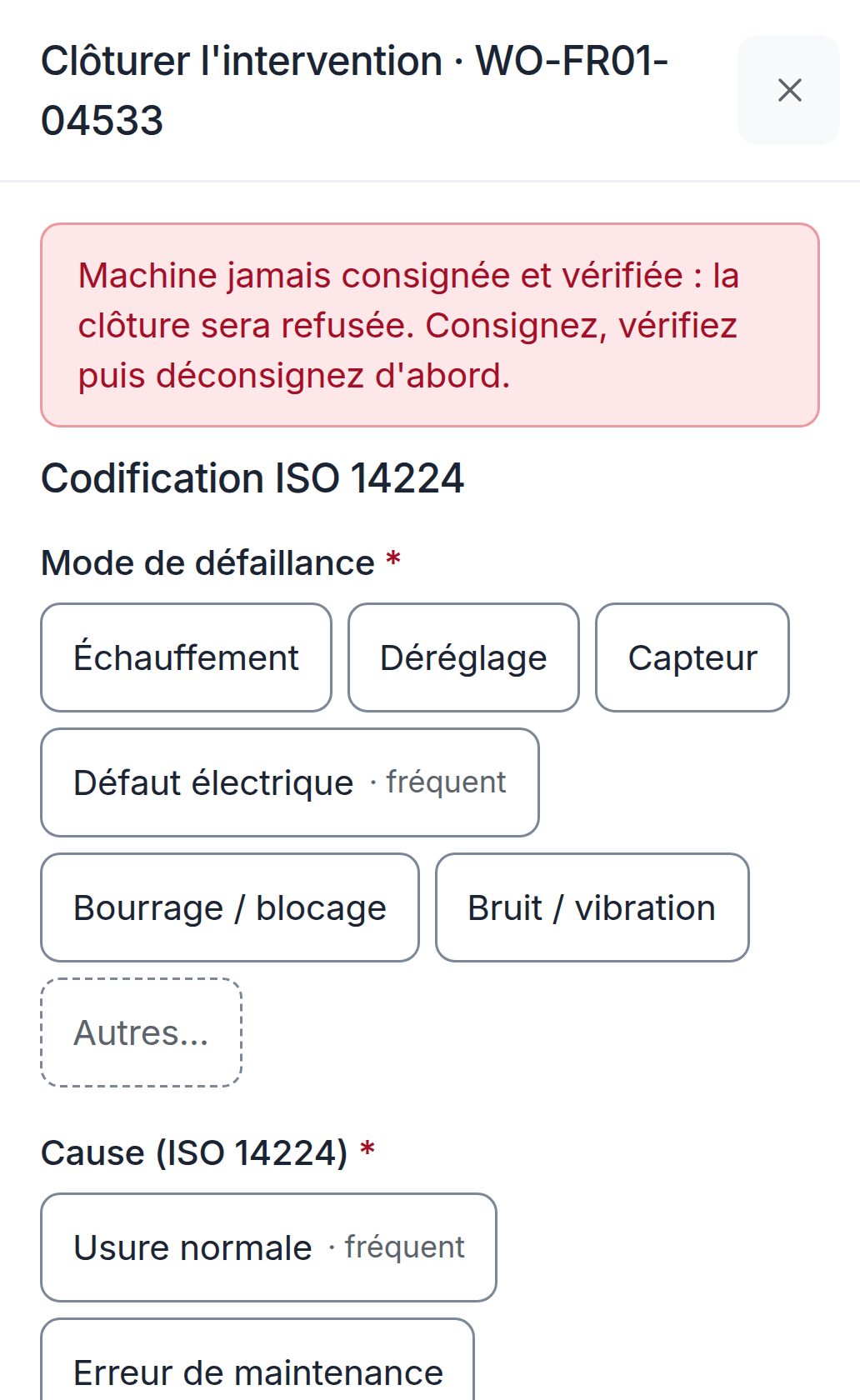 Téléphone du technicien : « Machine jamais consignée et vérifiée : la clôture sera refusée. »